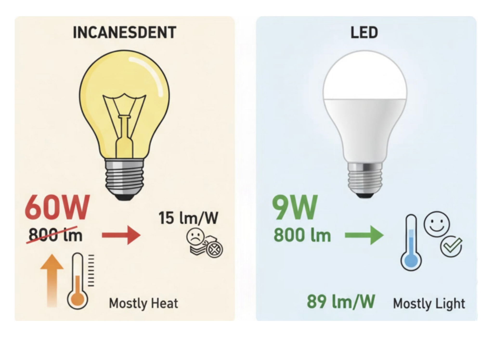 Infographic comparing 60W incandescent and 9W LED bulbs with identical 800 lumens output and luminous efficacy rates.